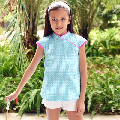 Chinese blouse summer girl | turquoise blue cotton, fuchsia | ANNAM