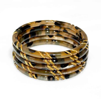 Bracelet en corne véritable - Léopard et Feuilles d'or - Vendu à l'unité