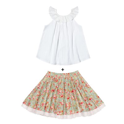 Juego de regalo para niña | Blusa blanca y falda liberty verde