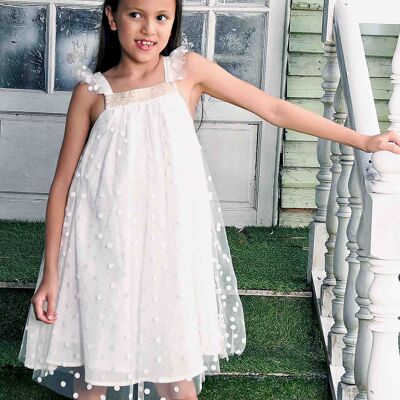 Girls' bohemian ceremony dress | white tulle, gold | ALIZEE