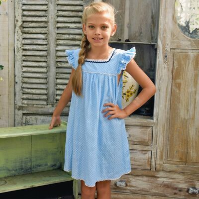 Girl's loose ruffled dress | sky blue with white polka dots | ANGELIC