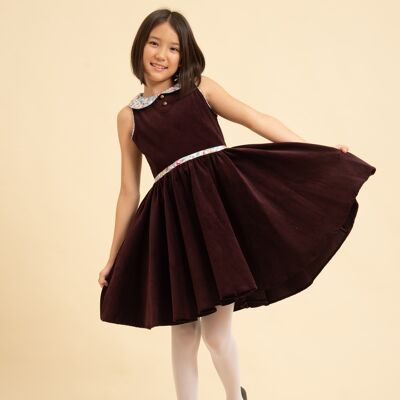 Girl spinning dress | aubergine velvet | Peter Pan collar liberty | HEPBURN