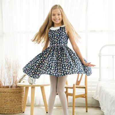 Vestito da filatura ragazza | blu navy, stampa barca a vela | Collare Peter Pan | HEPBURN