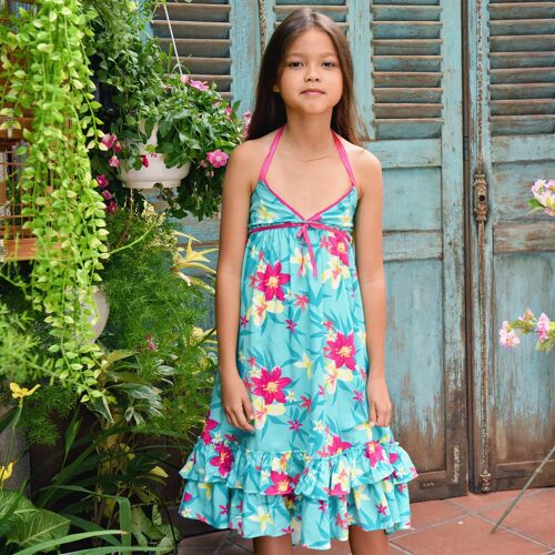 Robe longue été fille | jersey fleurs Hawaï bleu turquoise | TAHITI