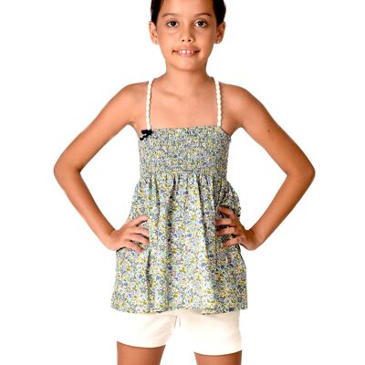 Blusa smocking estiva da bambina | fiori liberty blu e verde | MADO