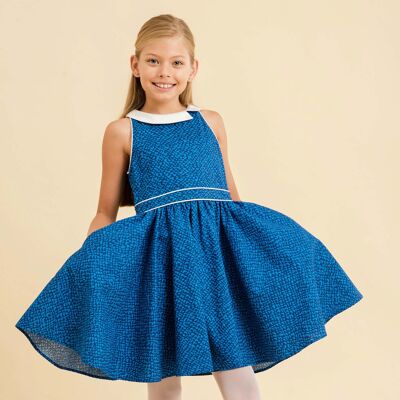 Vestito da filatura ragazza | cuori blu reale | con collare Peter Pan | HEPBURN