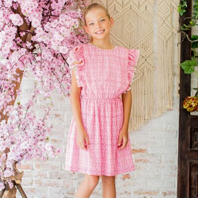 Girl's ruffled armhole dress | pink and white | ELISA