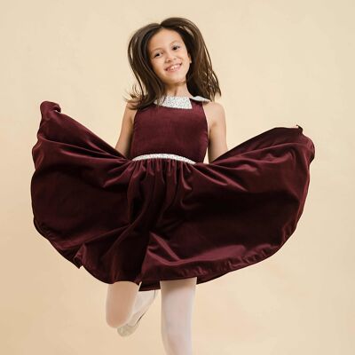 Vestito da filatura ragazza | velluto bordeaux | con colletto alla Peter Pan liberty | HEPBURN