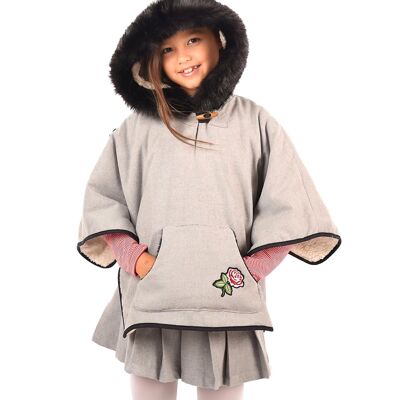 Cape poncho | laine gris souris et capuche fausse fourrure | IRINA