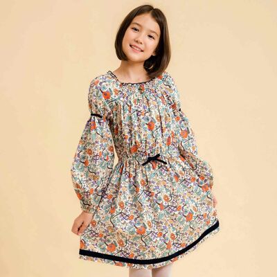 Kleid für die Nebensaison für Mädchen | orange, grüne Freiheitsblumen | CHIMÄNE