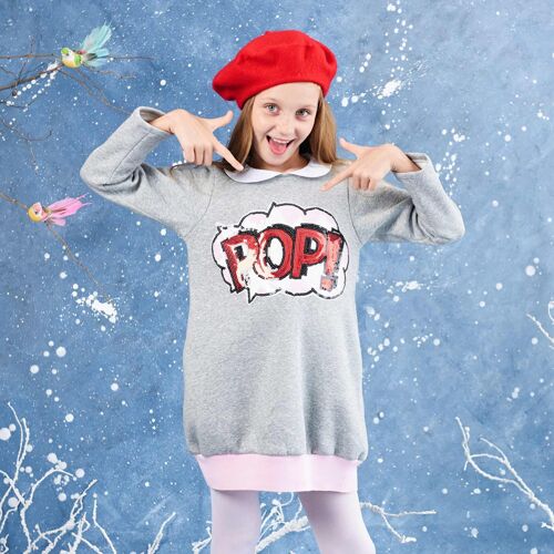 Robe sweat-shirt | molleton gris souris et sequins rose rouge | POP