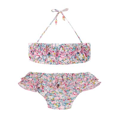 Badeanzug für Mädchen | Liberty pink, blaue Rüschen | SCHWAN
