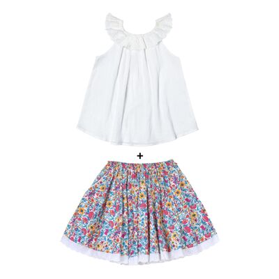 Set cadeau fille | Blouse blanche & jupe liberty bleu