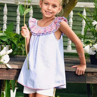 Girl's summer blouse | pastel blue and Liberty ruffle collar | COLUMBINE