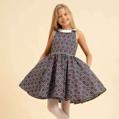 Vestito da filatura ragazza | blu navy, fiori rossi | con collare Peter Pan | HEPBURN