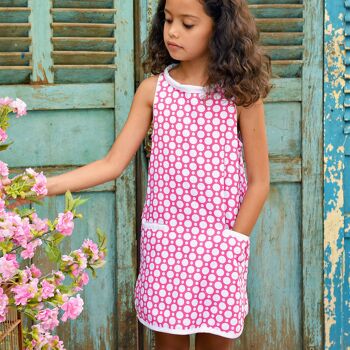 Robe trapèze été fille | coton blanc, rose fuchsia | CHLOE 4