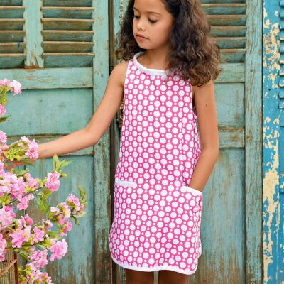 Robe trapèze été fille | coton blanc, rose fuchsia | CHLOE