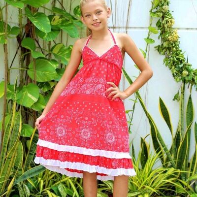 Girl's long summer dress | Red cashmere print | EUGENIE