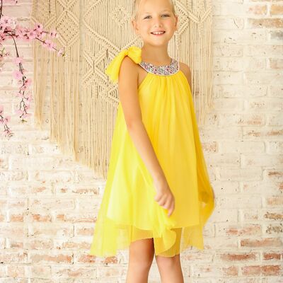 Vestido de ceremonia niña | velo amarillo, cuello floral liberty lila | ALIZEE