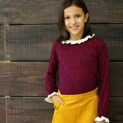 Girls' long-sleeved T-shirt | red and navy blue | CAMILLE