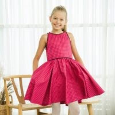 Girl spinning dress | pink, sky blue checks | HEPBURN