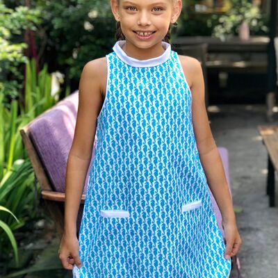 Girl's summer trapeze dress | turquoise blue cotton | CHLOE