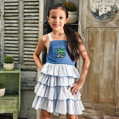 Girls' dungaree dress | thin blue striped ruffles | GIGI