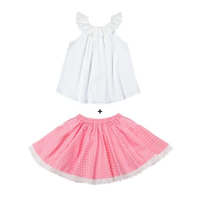 Juego de regalo para niña | Blusa blanca y falda rosa con lunares blancos