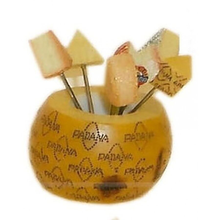 SET WITH METAL FORKS AND RESIN BASE IN CHEESE DESIGN. Dimensions: 6x6x8cm LL-001Z