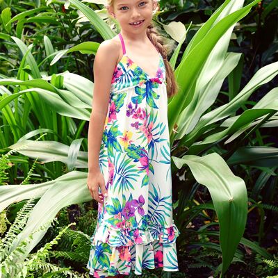 Vestido largo de verano para niña | jersey floral fucsia | HAWAI