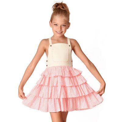Robe salopette fille | volants étoilés rose | GIGI