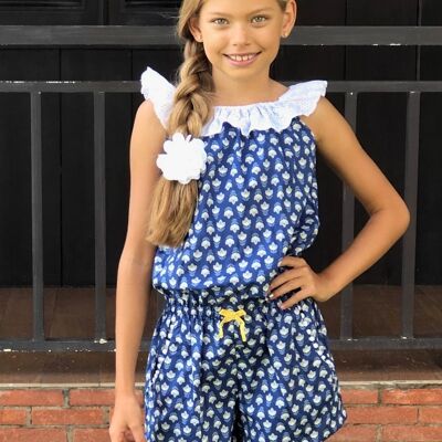 Girls' summer playsuit outfit | royal blue cotton, yellow | LOLITA