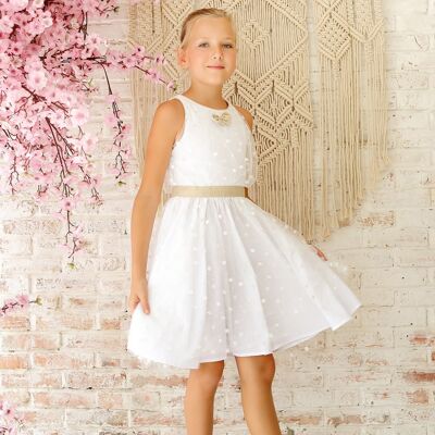 Robe de cérémonie fille | tulle blanche, lin or | HEPBURN