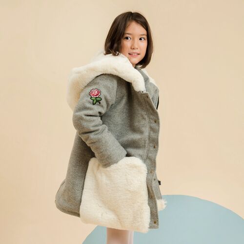 Manteau chaud | laine gris souris et fourrure blanc cassé | MIMI OURS
