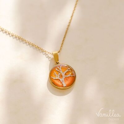 **Modello unico** Collana albero della vita con lichene - sfondo arancione - collana naturale originale in acciaio inossidabile dorato