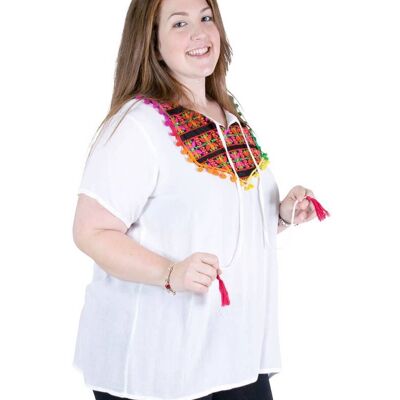 Summer Blouse with Embroidery and Pompoms
