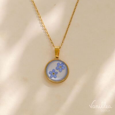Natural Myosotis flower necklace Gold stainless steel - Chic nature jewelry