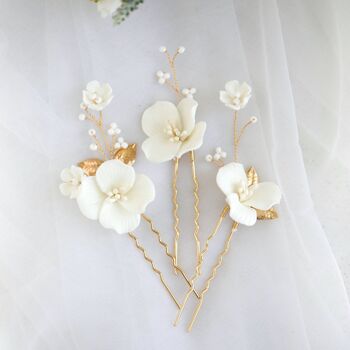 Épingles à cheveux de mariée en céramique à fleurs blanches faites à la main-Un ensemble de 3-Or et Argent 2