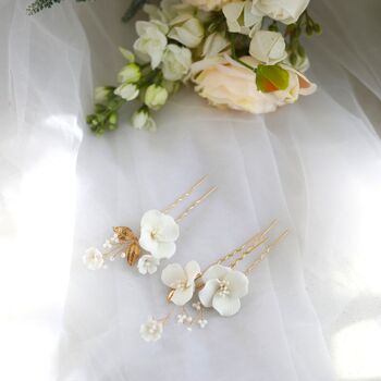 Épingles à cheveux de mariée en céramique à fleurs blanches faites à la main-Un ensemble de 3-Or et Argent 3