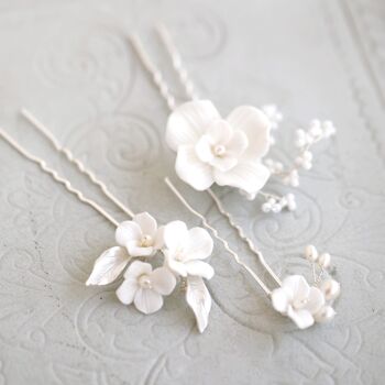 Épingles à cheveux de mariée en céramique à fleurs blanches faites à la main-Un ensemble de 3-Or et Argent 5