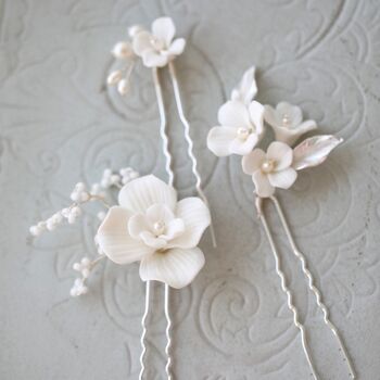 Épingles à cheveux de mariée en céramique à fleurs blanches faites à la main-Un ensemble de 3-Or et Argent 6