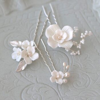 Épingles à cheveux de mariée en céramique à fleurs blanches faites à la main-Un ensemble de 3-Or et Argent 7