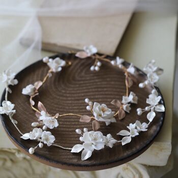 Vigne de cheveux de mariée florale en céramique romantique avec feuilles d’or rose/argent-faite à la main 1