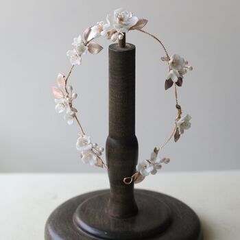 Vigne de cheveux de mariée florale en céramique romantique avec feuilles d’or rose/argent-faite à la main 6