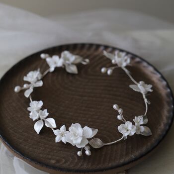 Vigne de cheveux de mariée florale en céramique romantique avec feuilles d’or rose/argent-faite à la main 7