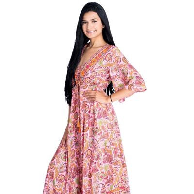 Robe Boho Chic Casual Rose avec Manches