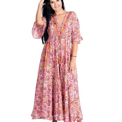 Robe Boho Chic Casual Rose avec Manches