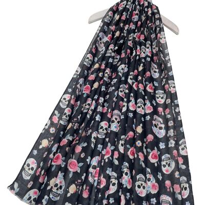 Cute Skull & Rose Print Frayed Scarf