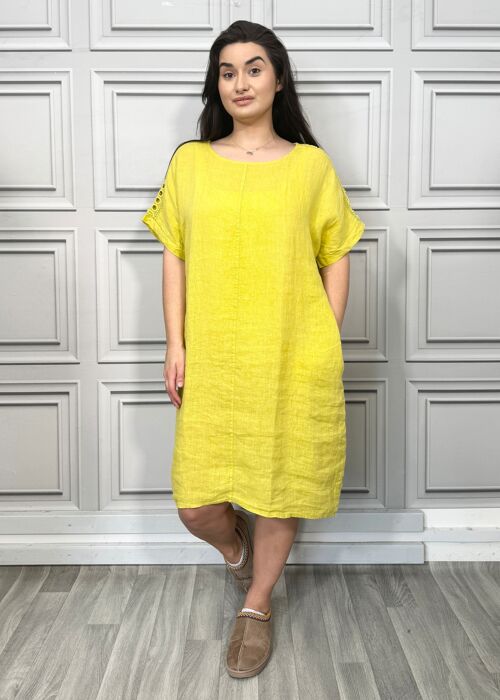 Eco-Friendly Sustainable Pure Linen Knee Length Dress with Embroidered Shoulders