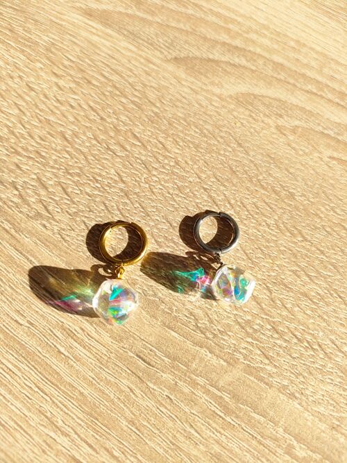 Boucles d'oreilles COQUEENS anneau en acier inoxydable et cristal en résine Plexy Glam